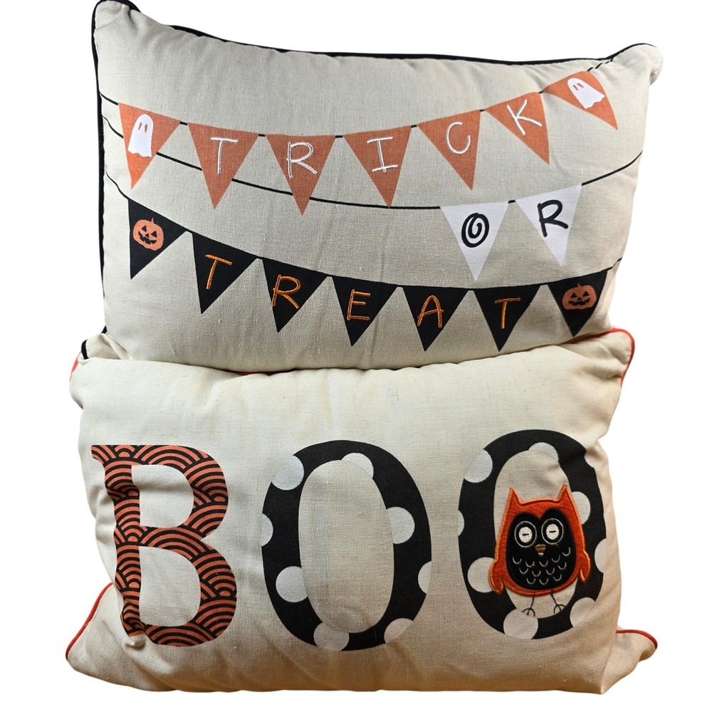 2 Halloween Decor Throw Pillows Boo Trick or Treat Orange Black Owl ~18" x 11"
